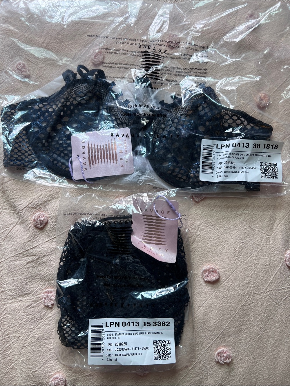 Savage X Fenty Black Fishnet Lace Bra and Bikini Set